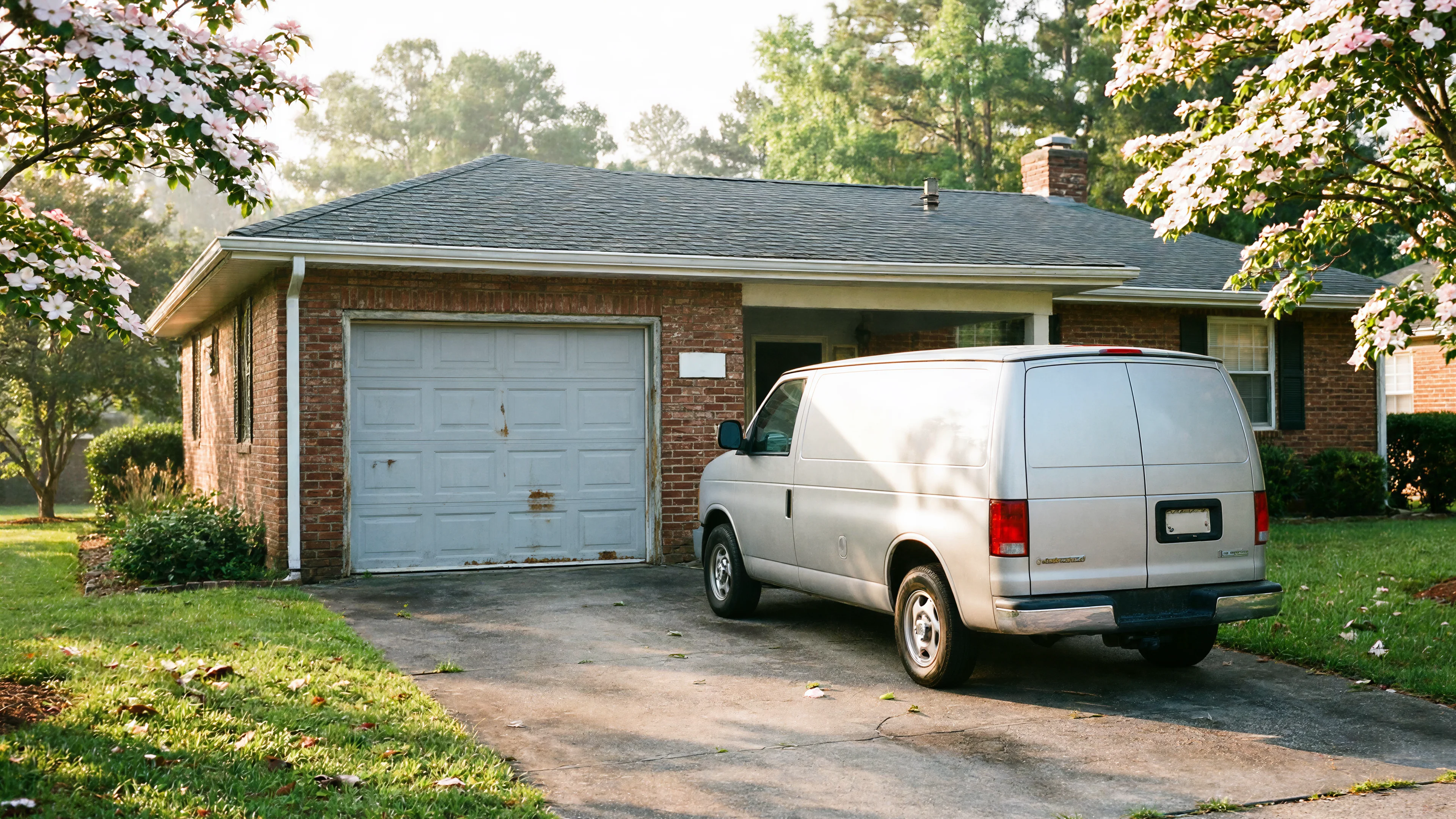 A silver van is parked in the driveway of a brick house with a white garage door.